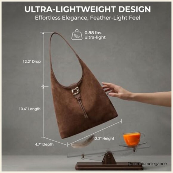 Large Slouchy Hobo Tote Bag with Zipper & Tassel, Faux Suede Shoulder Purse - Picture 3 of 7